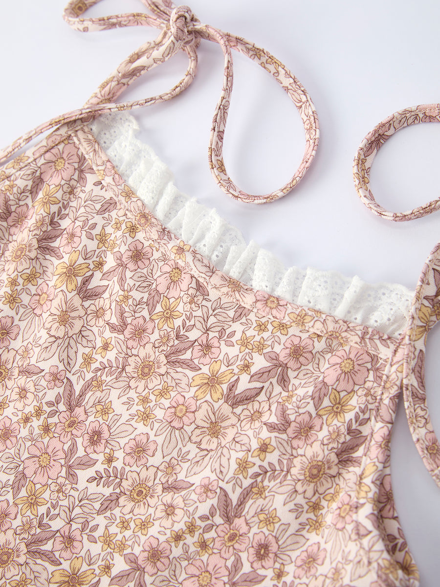 Summer Organic Cotton Floral Girls Bow Spaghetti Strap Ruffle Dress