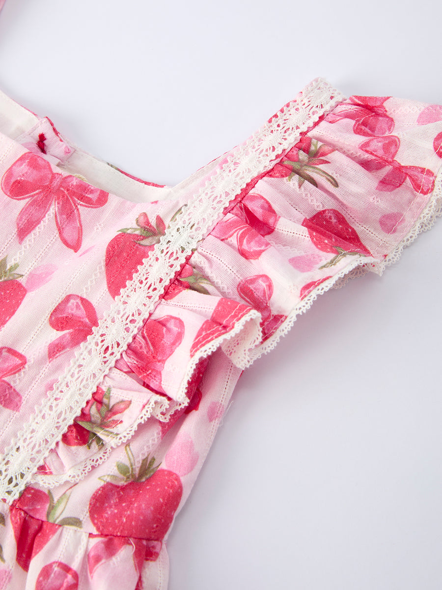 Spring Strawberry Bow Print Girls' Dress
