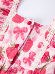 Spring Strawberry Bow Print Girls' Dress