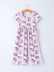 Purple Plaid Print Short Sleeve Girl Jumpsuit