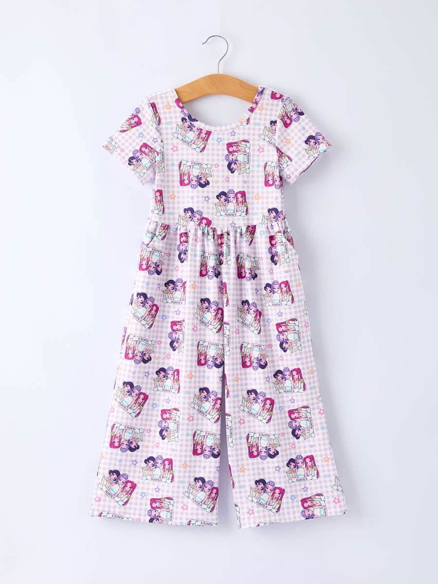 Purple Plaid Print Short Sleeve Girl Jumpsuit