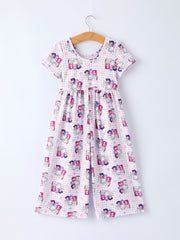 Purple Plaid Print Short Sleeve Girl Jumpsuit