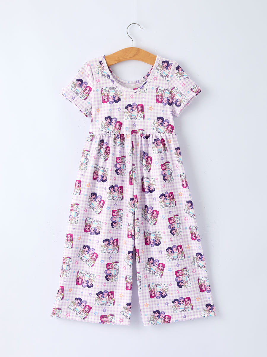Purple Plaid Print Short Sleeve Girl Jumpsuit