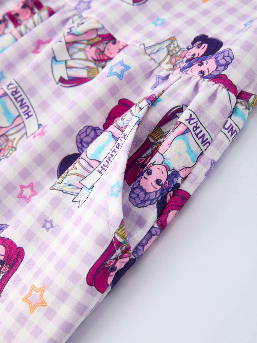 Purple Plaid Print Short Sleeve Girl Jumpsuit