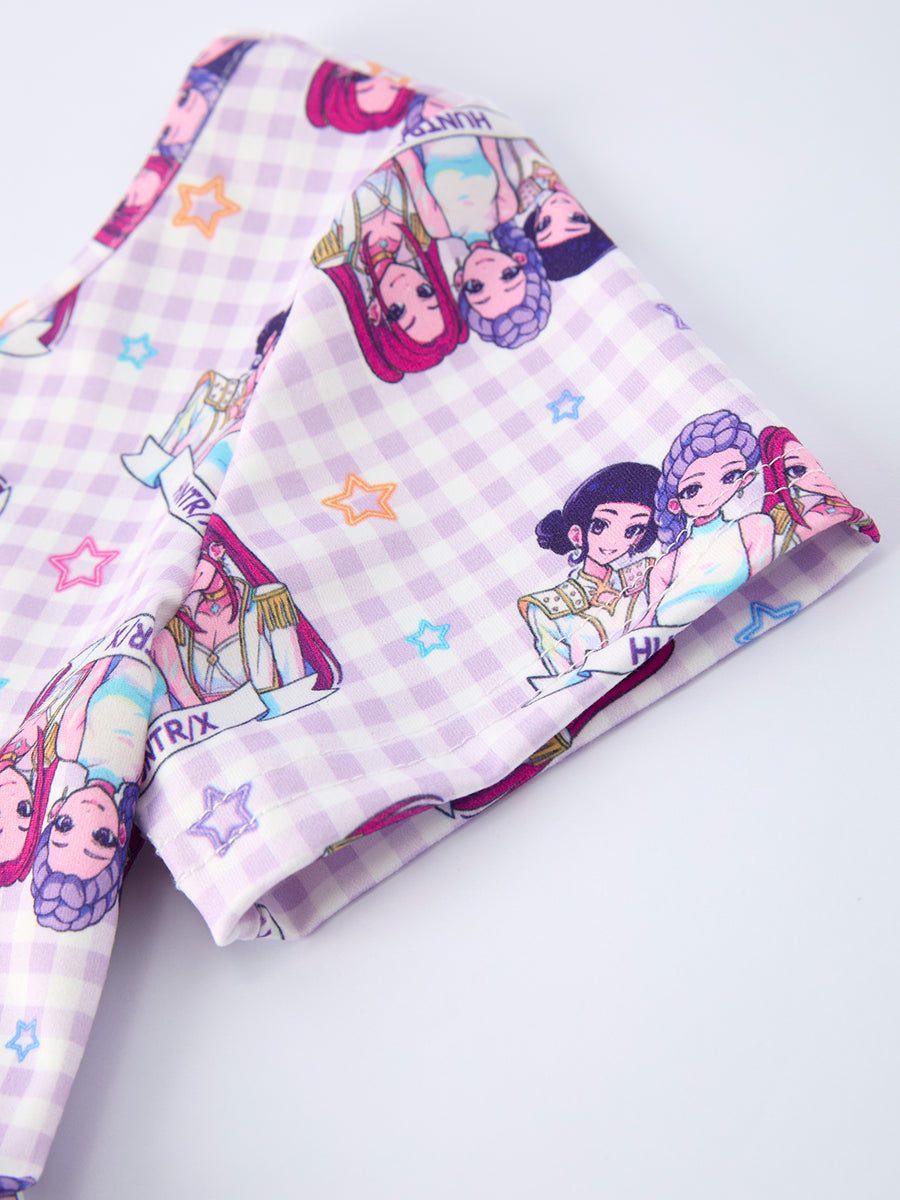 Purple Plaid Print Short Sleeve Girl Jumpsuit