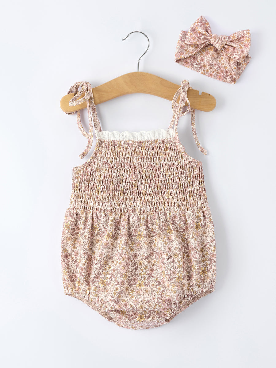 Summer Organic Cotton Floral Bow Spaghetti Strap Baby Girls Romper with Headband