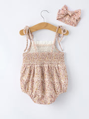 Summer Organic Cotton Floral Bow Spaghetti Strap Baby Girls Romper with Headband