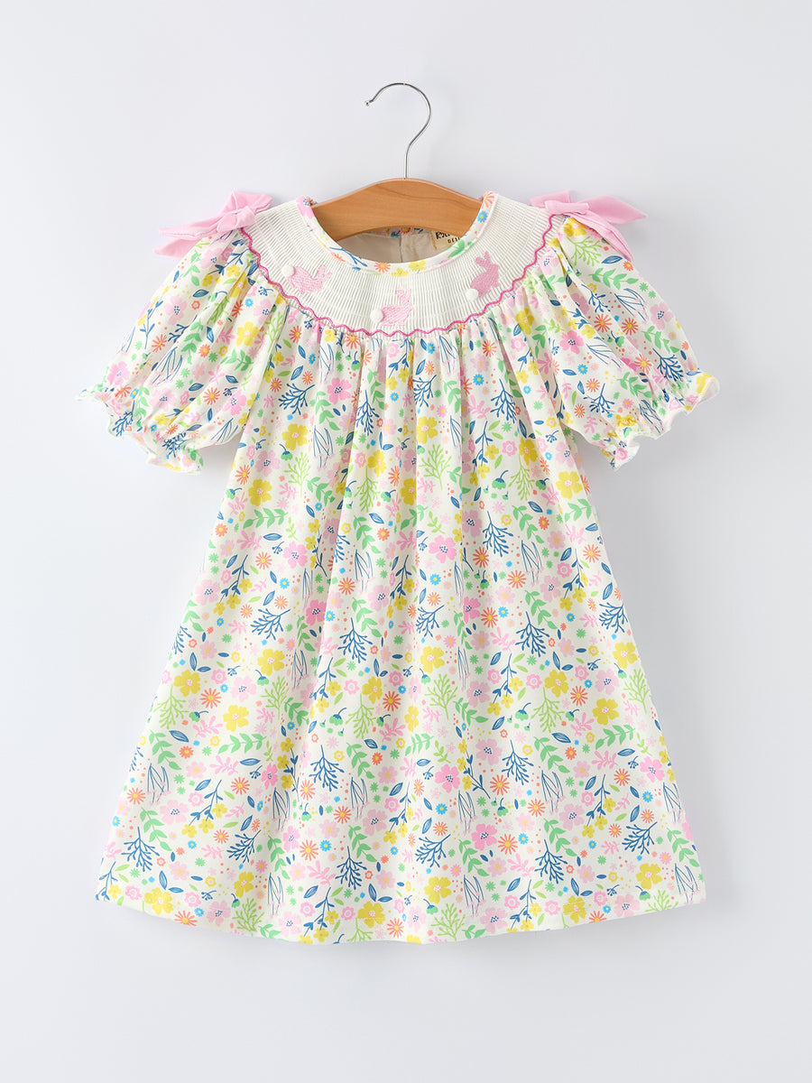 Easter Bunny Embroidered Pom-Pom Short-Sleeved  Girls Dress