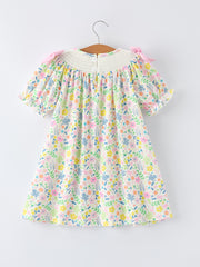 Easter Bunny Embroidered Pom-Pom Short-Sleeved  Girls Dress