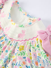 Easter Bunny Embroidered Pom-Pom Short-Sleeved  Girls Dress