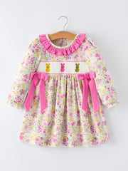 Easter Pink Bunny Embroidered Floral Long-Sleeved Girls' Dress
