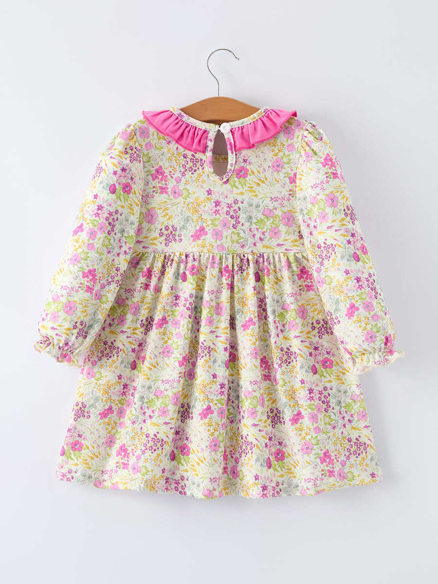 Easter Pink Bunny Embroidered Floral Long-Sleeved Girls' Dress