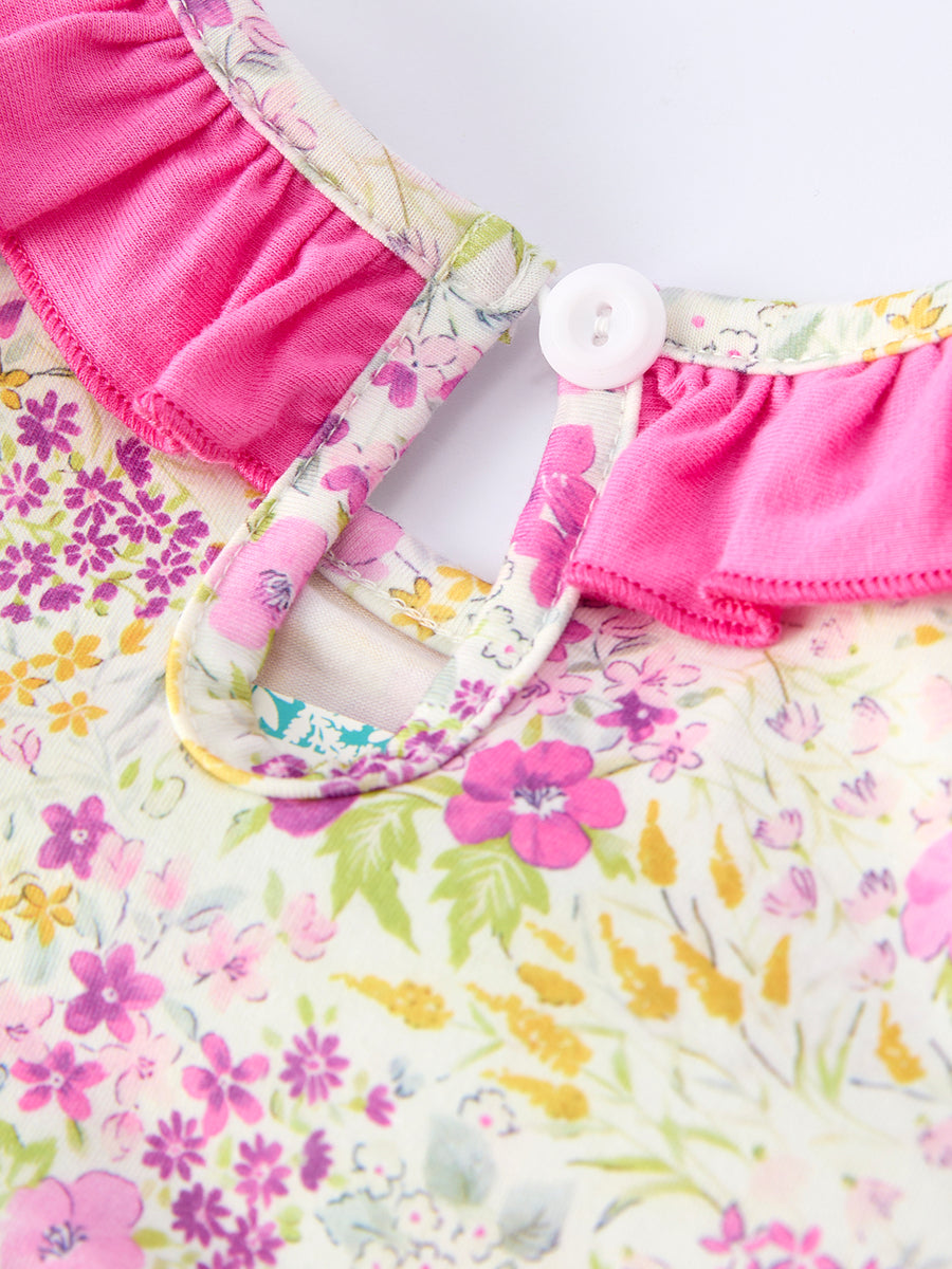 Easter Pink Bunny Embroidered Floral Long-Sleeved Girls' Dress