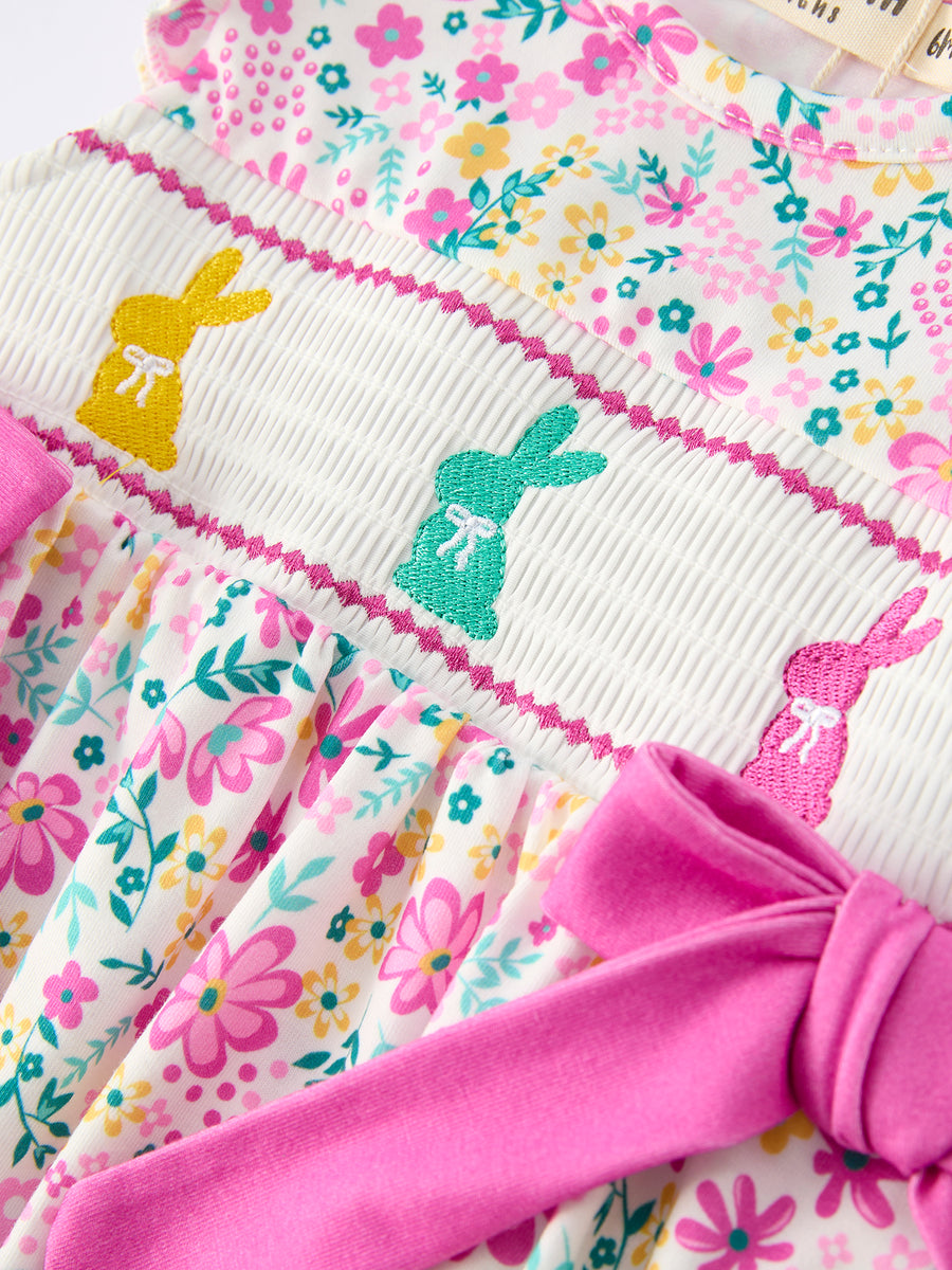 Easter Colorful Floral Bunny Bow Smocking Embroidery Baby Girl Romper