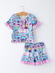 Blue Girl Print Top And Ruffle Shorts Set
