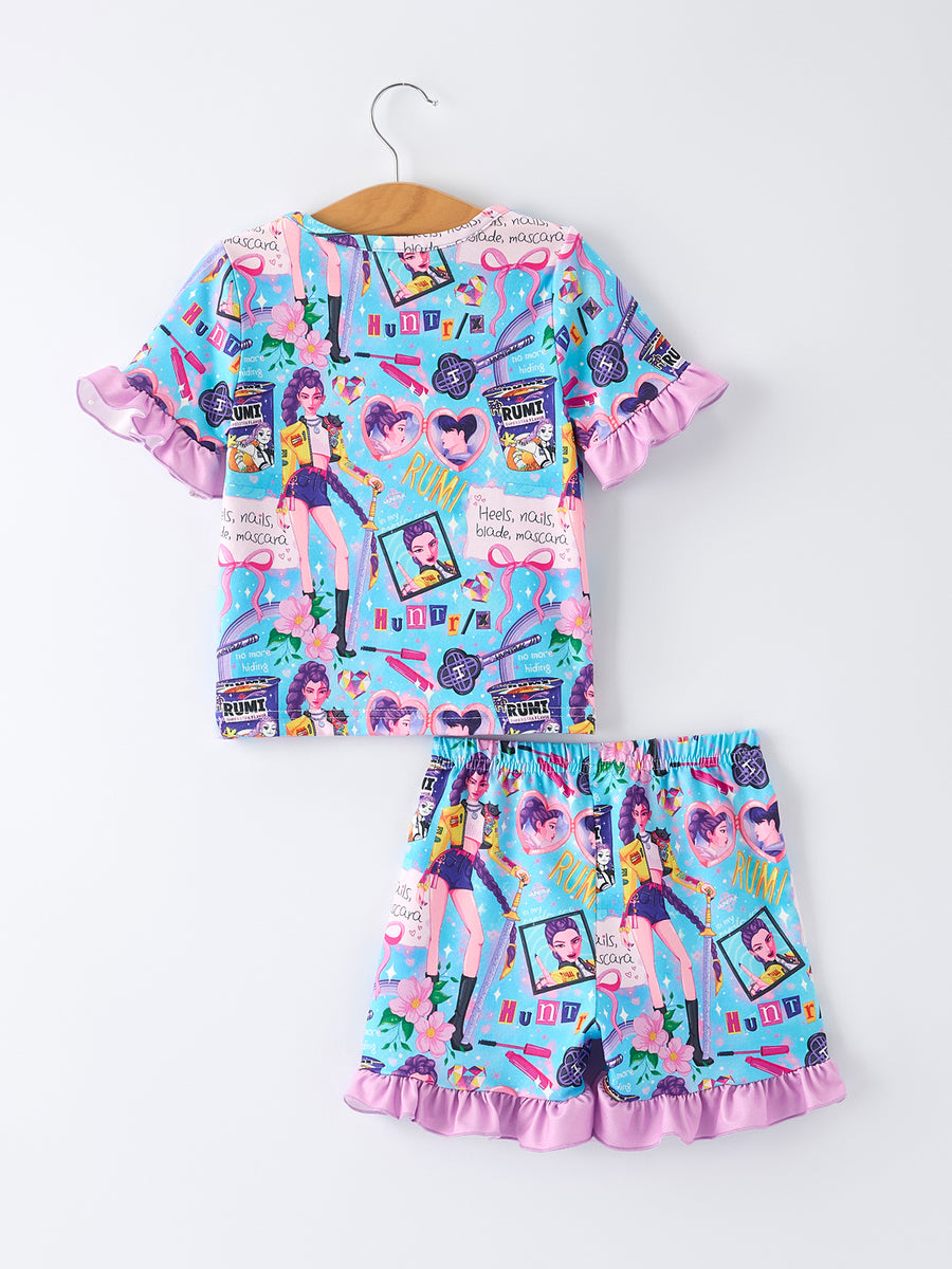 Blue Girl Print Top And Ruffle Shorts Set
