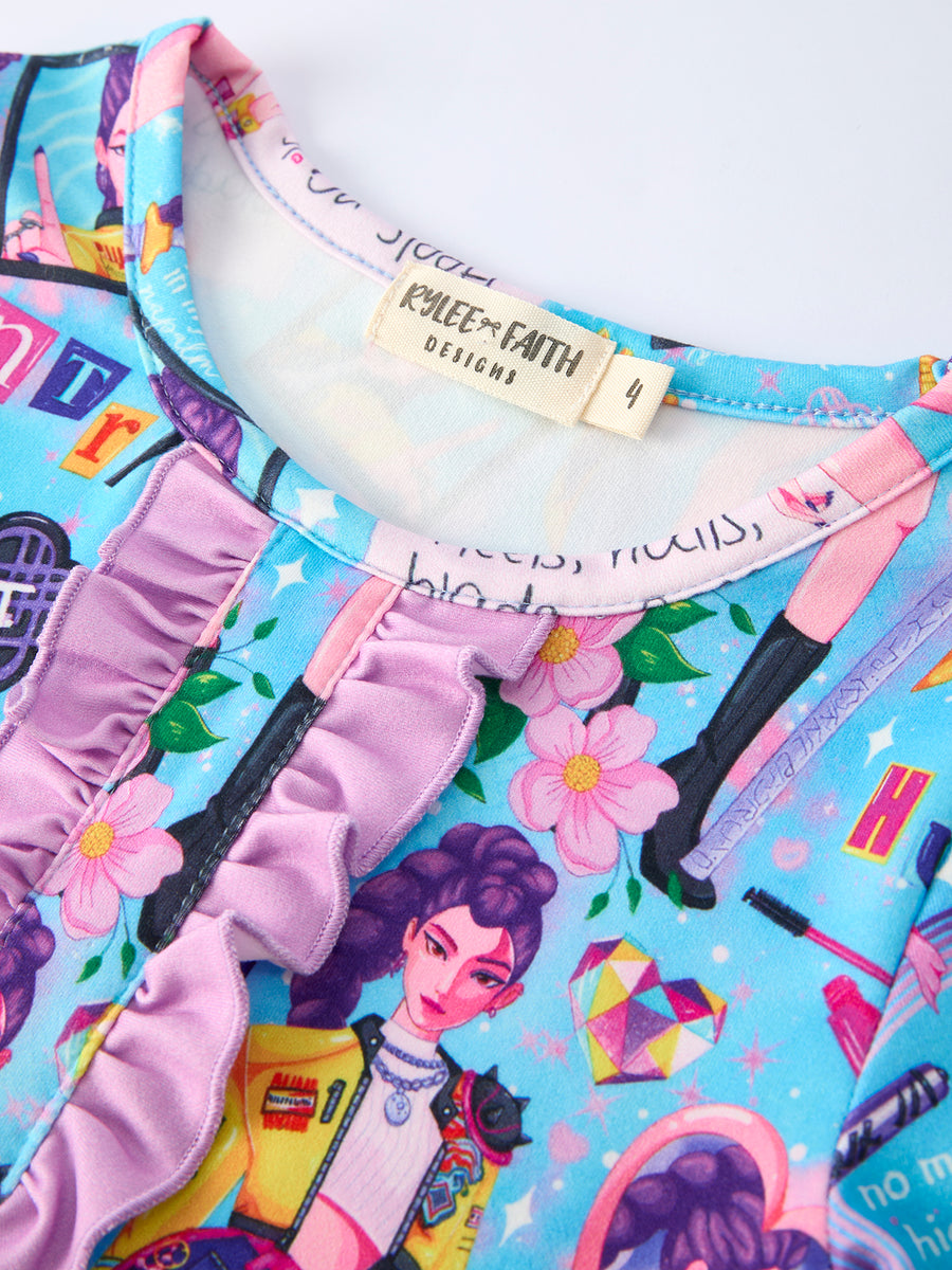 Blue Girl Print Top And Ruffle Shorts Set