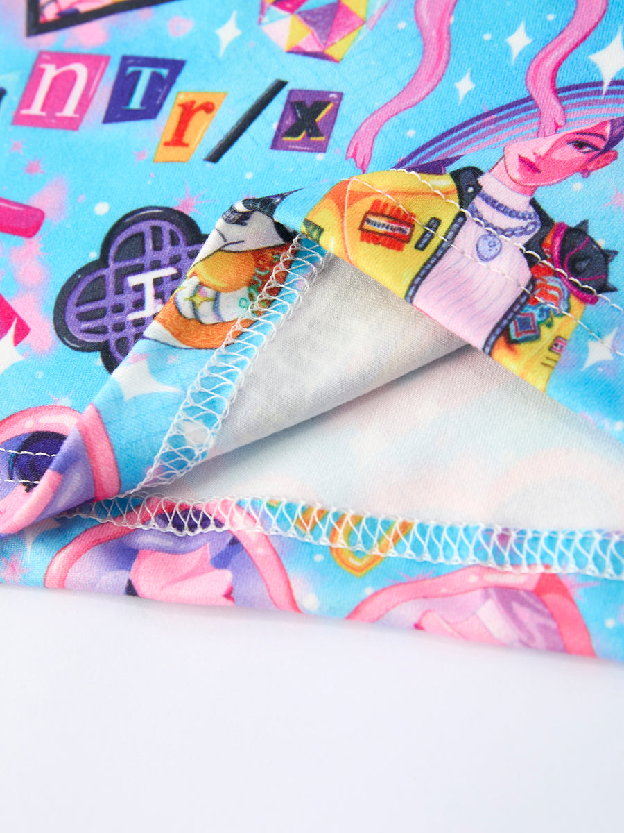 Blue Girl Print Top And Ruffle Shorts Set