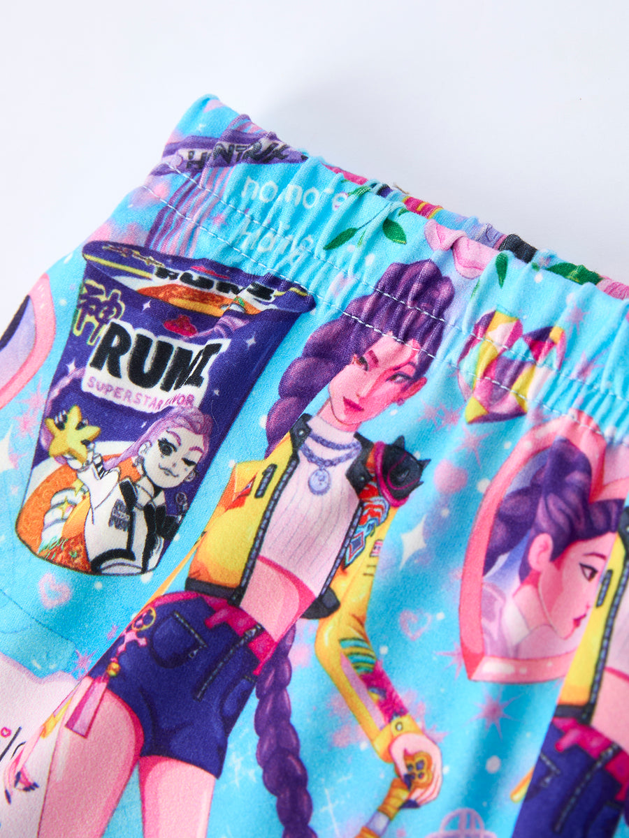 Blue Girl Print Top And Ruffle Shorts Set