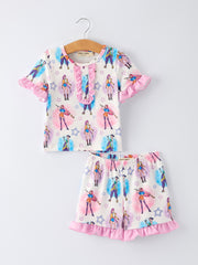 White Girl Print Top And Ruffle Shorts Set