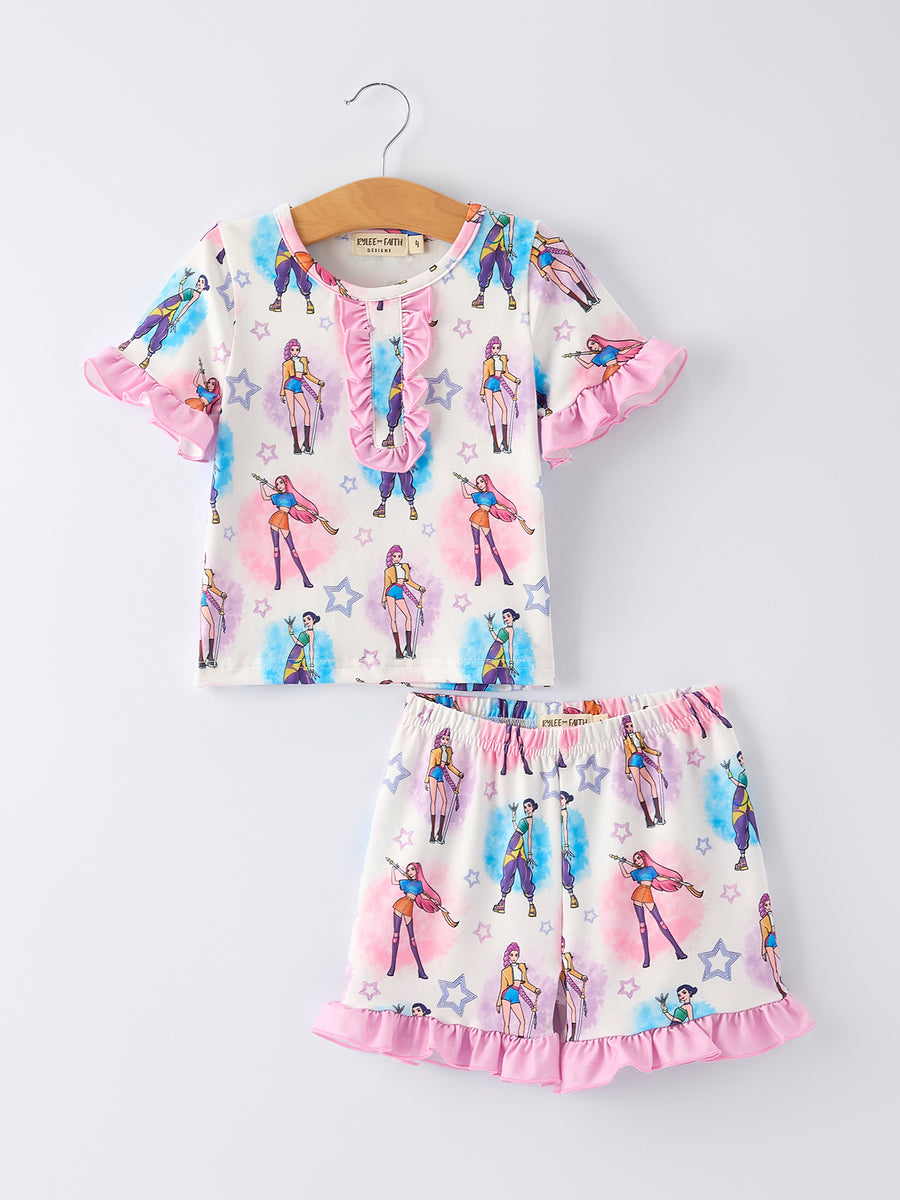 White Girl Print Top And Ruffle Shorts Set