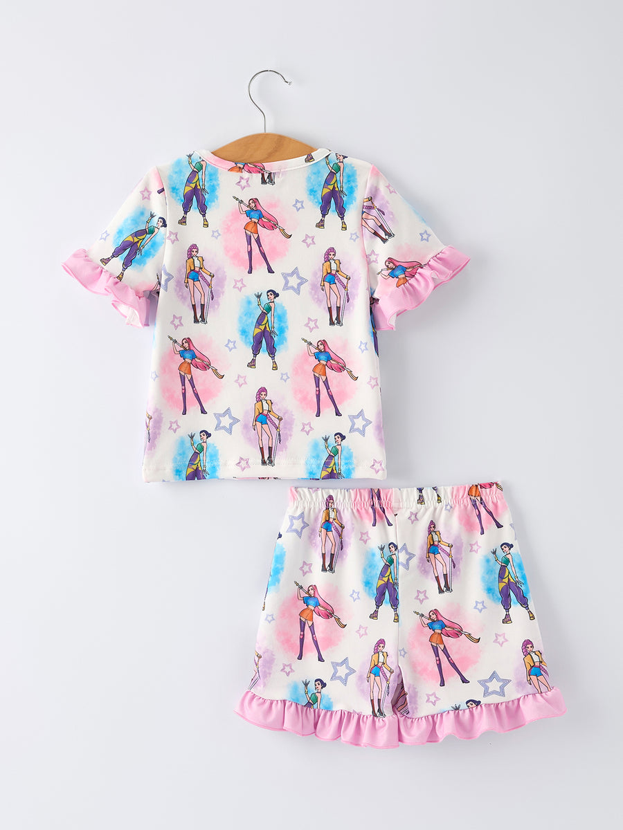 White Girl Print Top And Ruffle Shorts Set