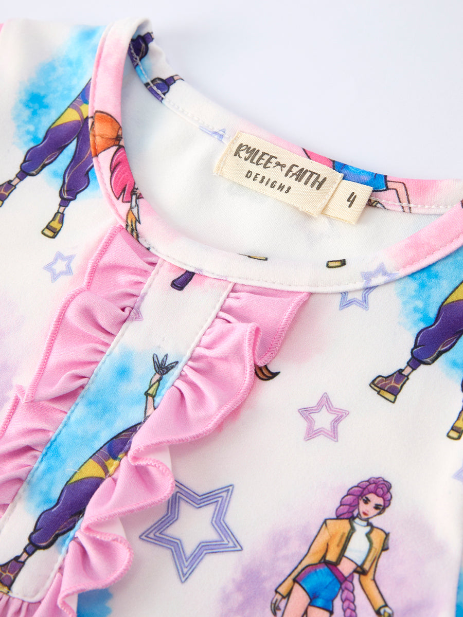 White Girl Print Top And Ruffle Shorts Set