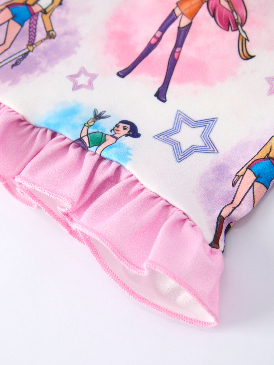 White Girl Print Top And Ruffle Shorts Set