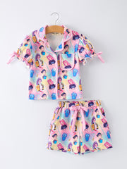 Vibrant Girl Print Top And Ruffle Shorts Set