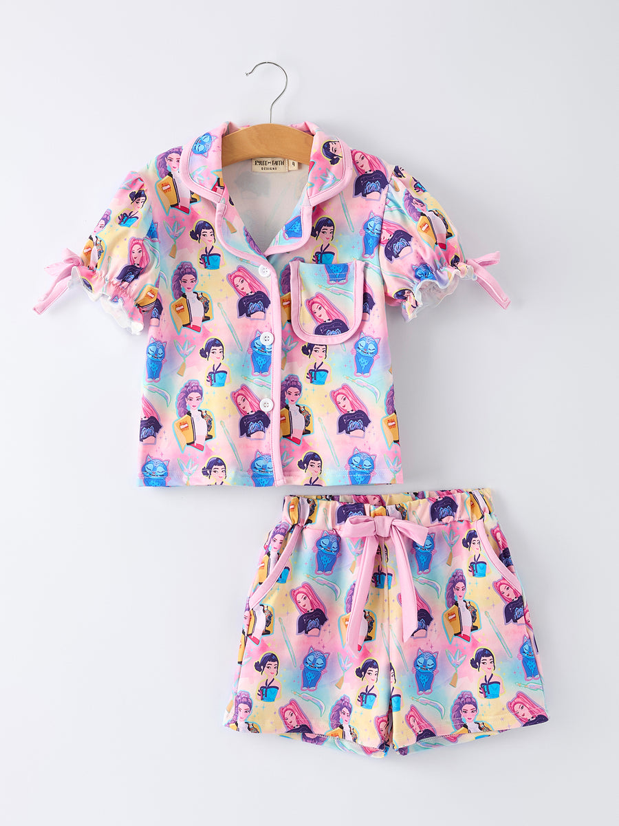 Vibrant Girl Print Top And Ruffle Shorts Set