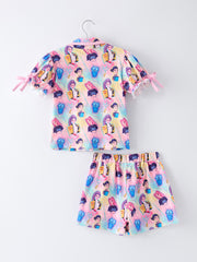 Vibrant Girl Print Top And Ruffle Shorts Set