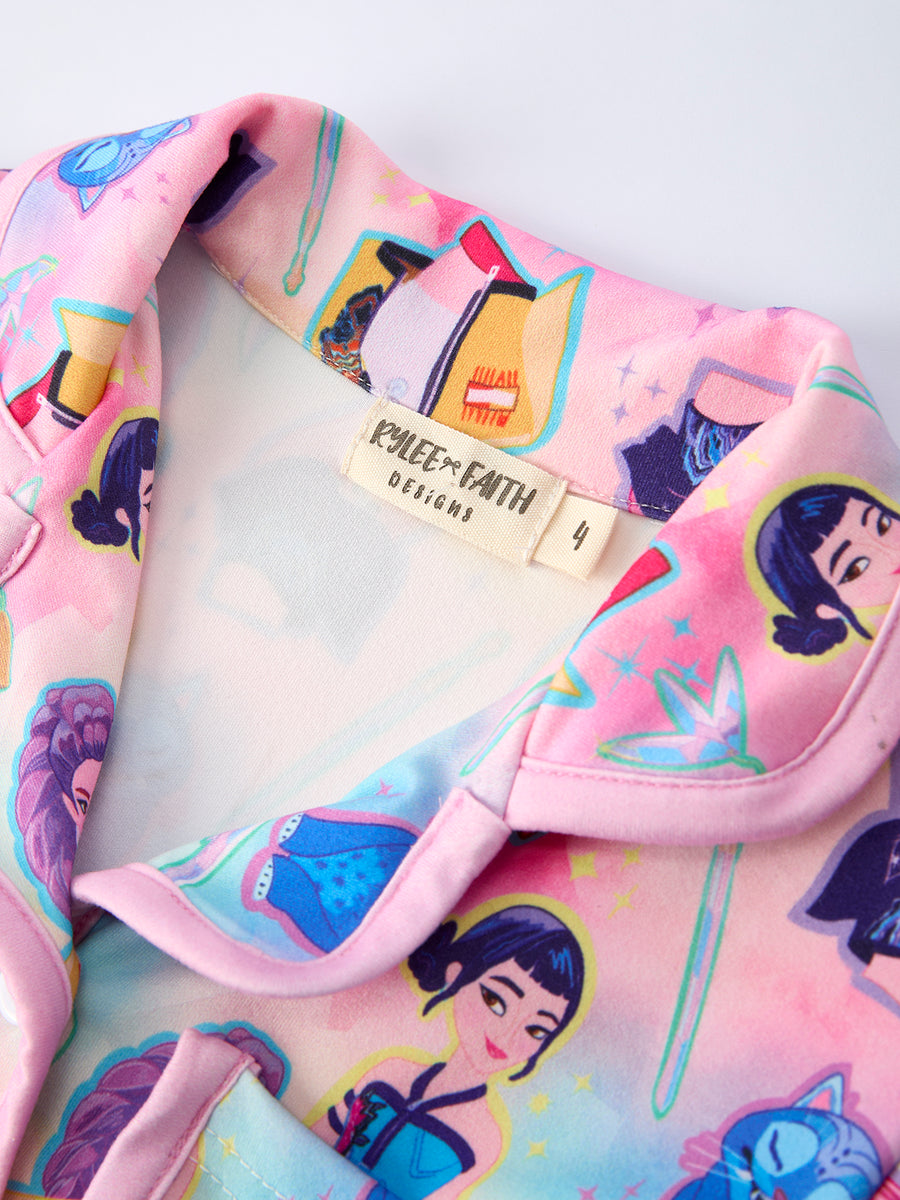 Vibrant Girl Print Top And Ruffle Shorts Set