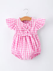Spring Plaid Baby Girls Romper Bow Flutter Sleeve