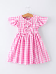 Spring Plaid Girls Dress Bow Flutter Sleeve