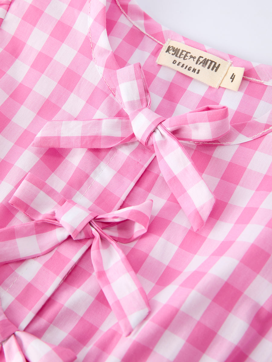 Spring Plaid Girls Dress Bow Flutter Sleeve