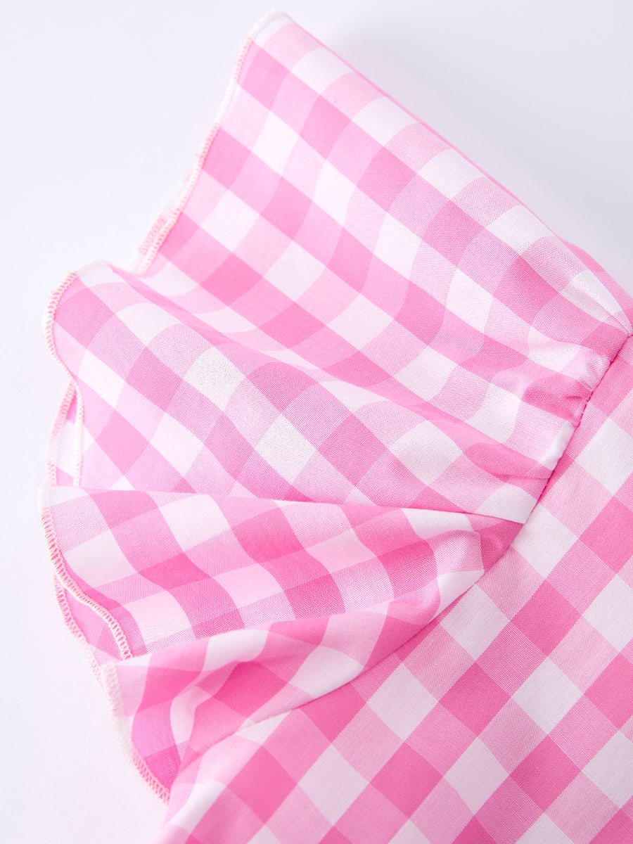 Spring Plaid Girls Dress Bow Flutter Sleeve