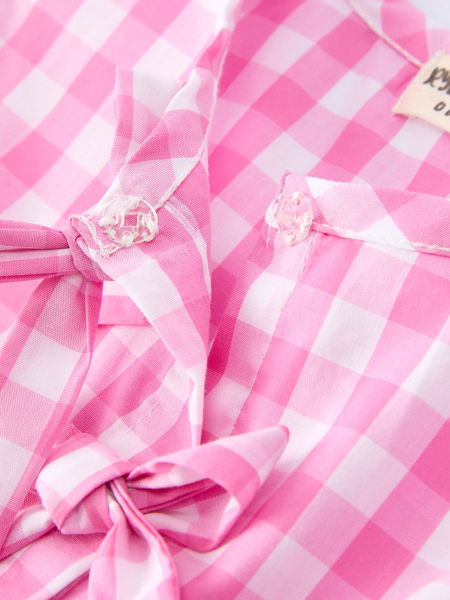 Spring Plaid Girls Dress Bow Flutter Sleeve