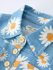 Spring Daisy Print Girls Blue Denim Jumpsuit