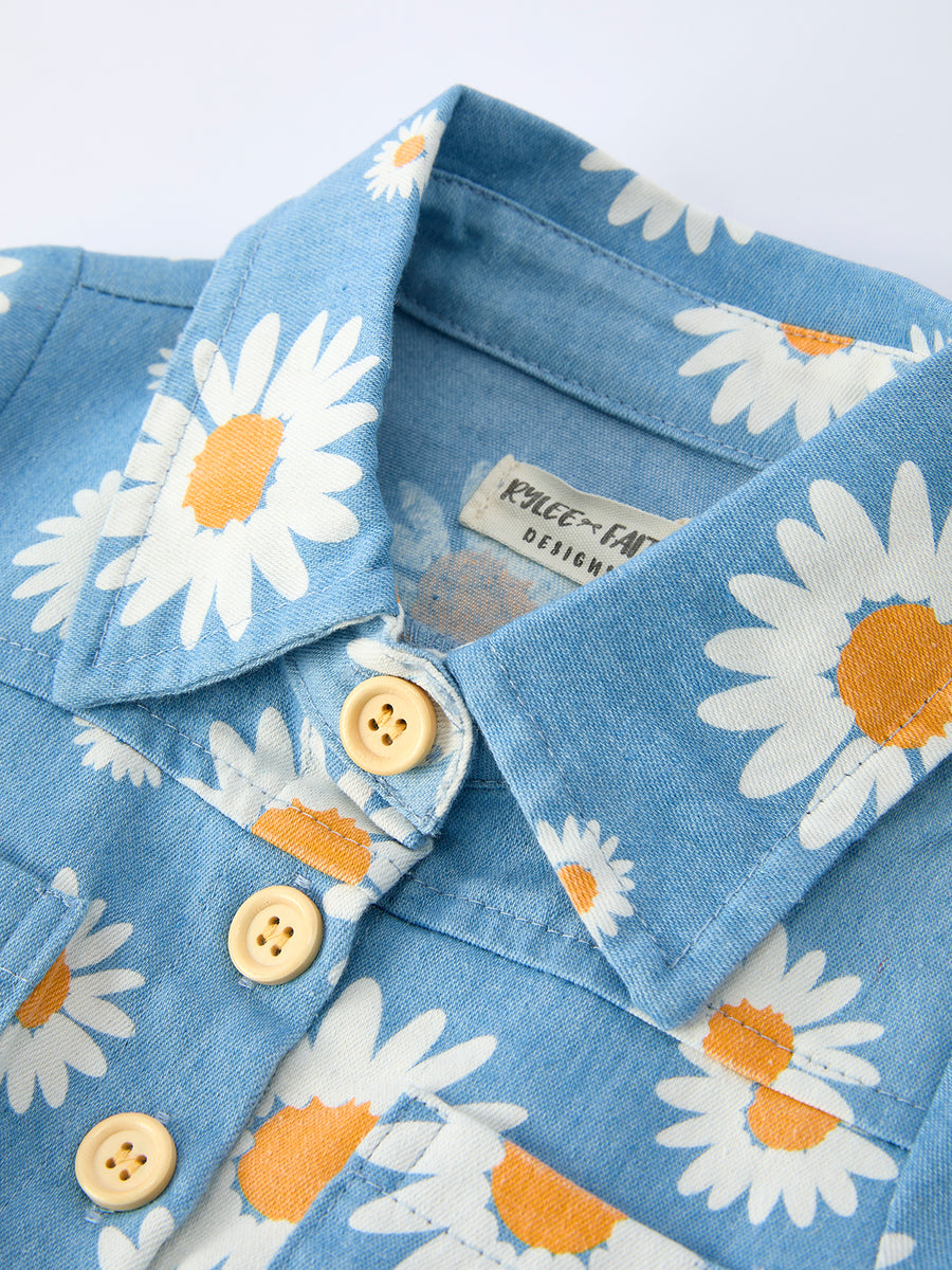 Spring Daisy Print Girls Blue Denim Jumpsuit