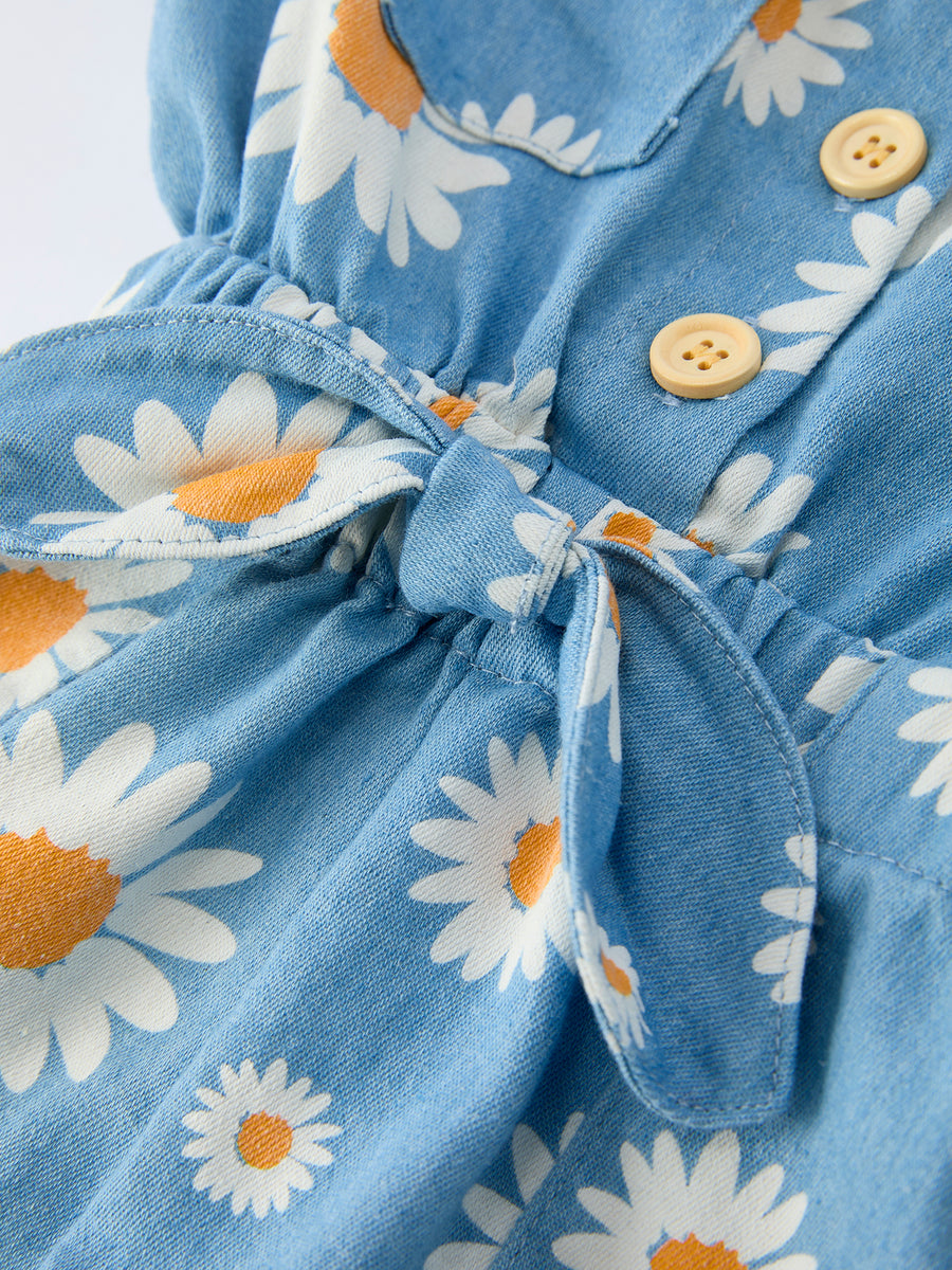 Spring Daisy Print Girls Blue Denim Jumpsuit