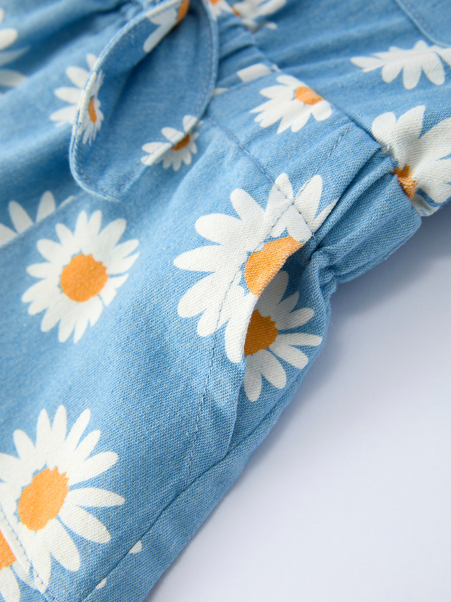 Spring Daisy Print Girls Blue Denim Jumpsuit
