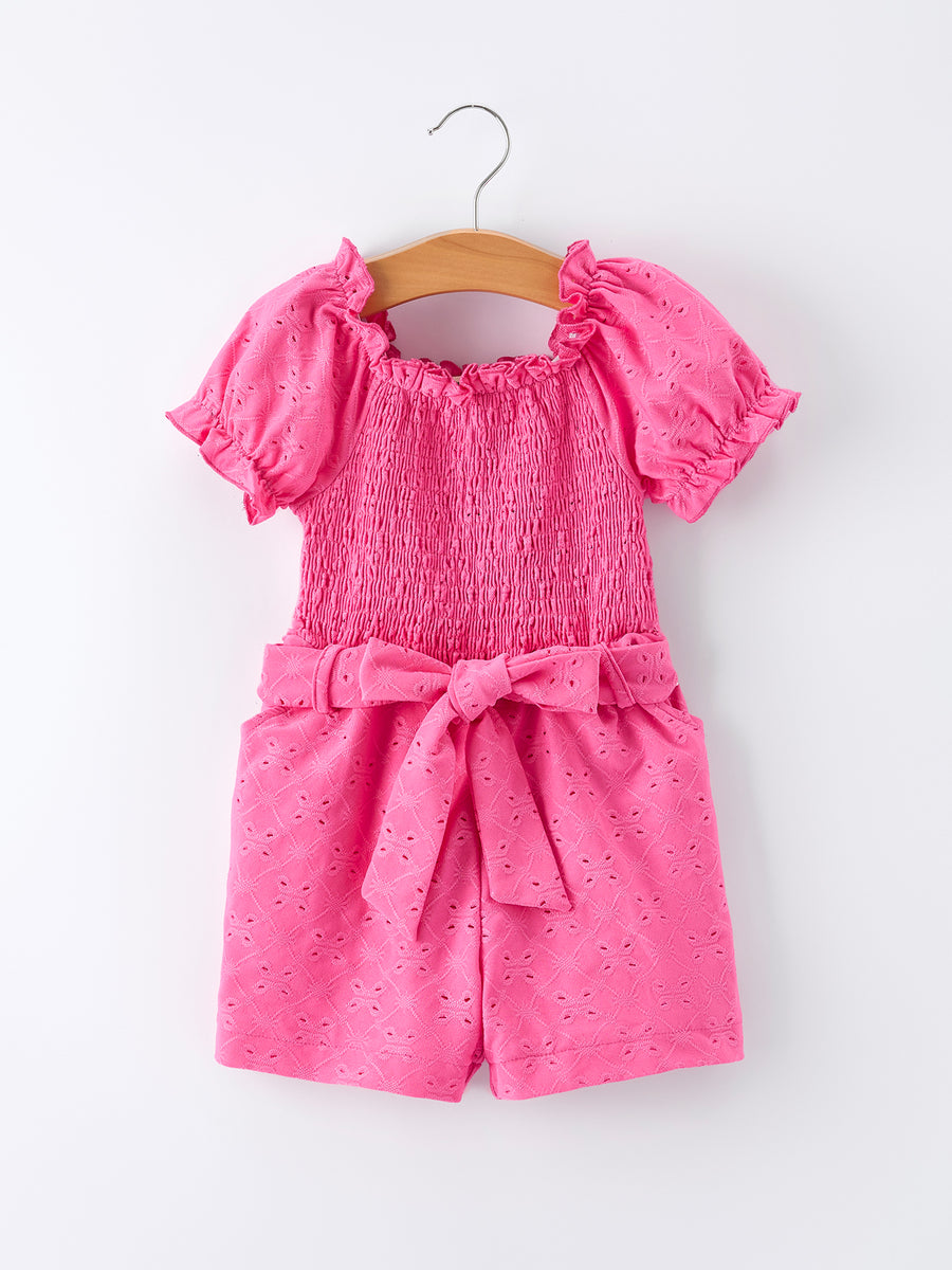 Spring Hot Pink Short-sleeved Girls Jumpsuit