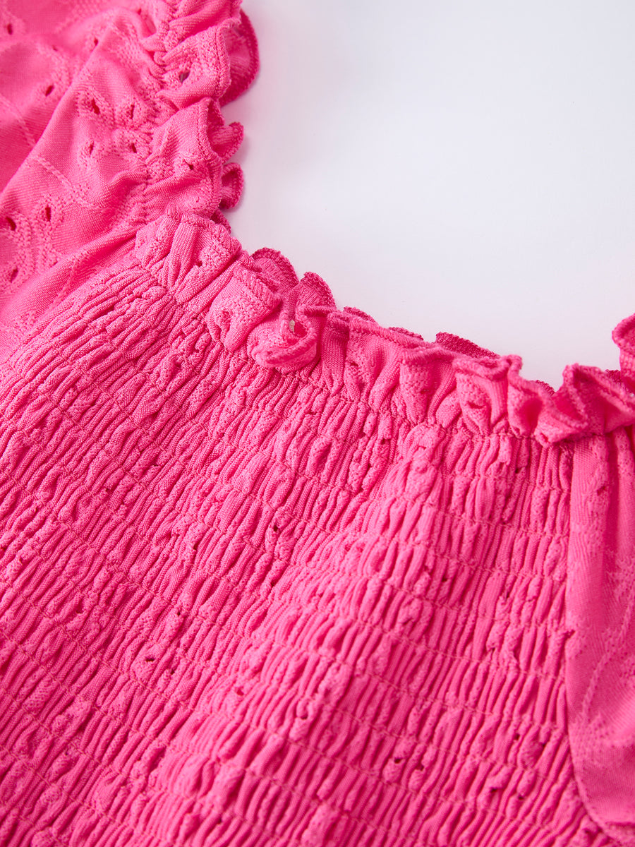 Spring Hot Pink Short-sleeved Girls Jumpsuit