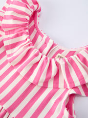 Spring  Pink Striped Ruffled Girls' Dress with Hat