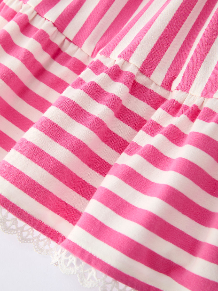 Spring  Pink Striped Ruffled Girls' Dress with Hat
