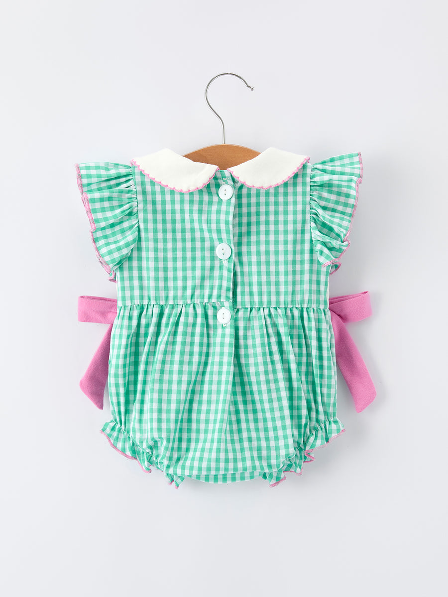 Pickle Ball Bow Ruffle Smocked Green Baby Girl Romper