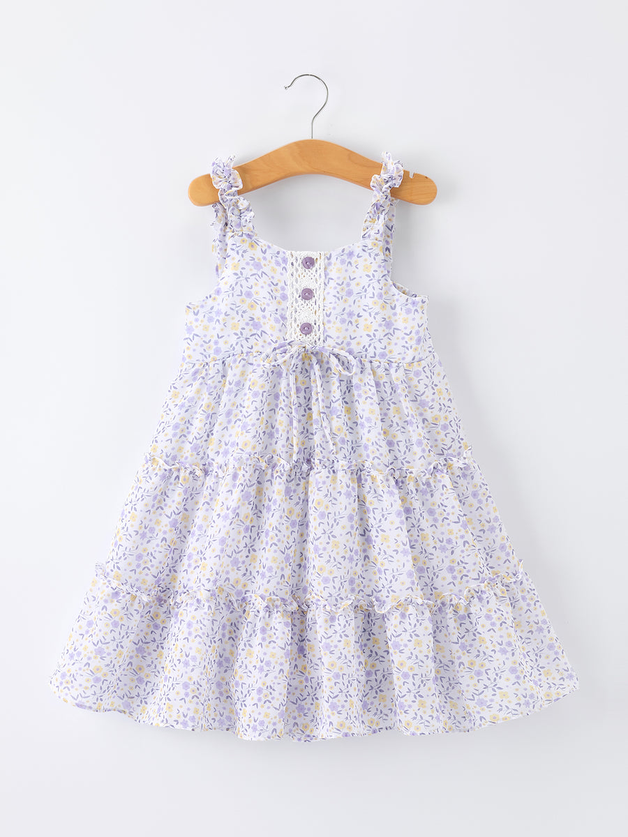 Spring Floral Girls Ruffle Bow Spaghetti Strap Dress