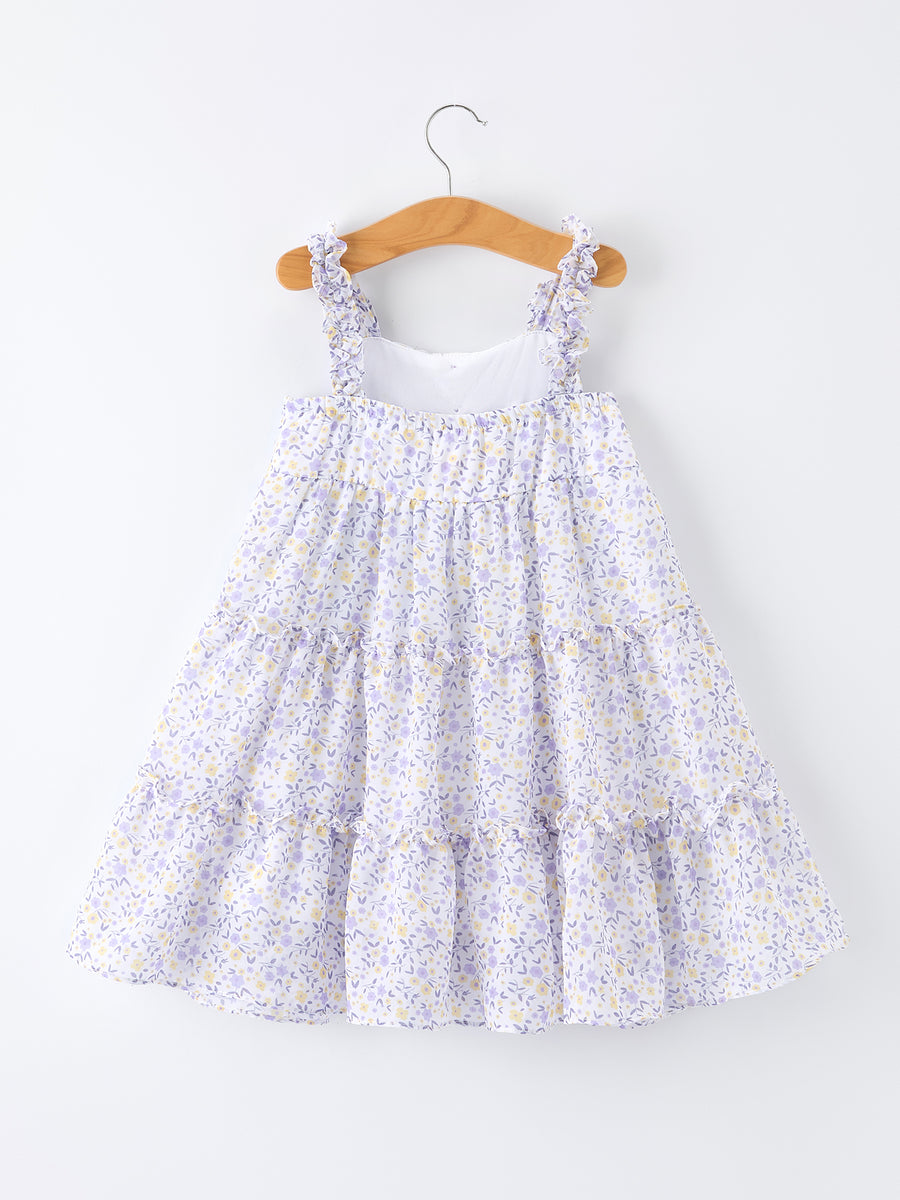 Spring Floral Girls Ruffle Bow Spaghetti Strap Dress
