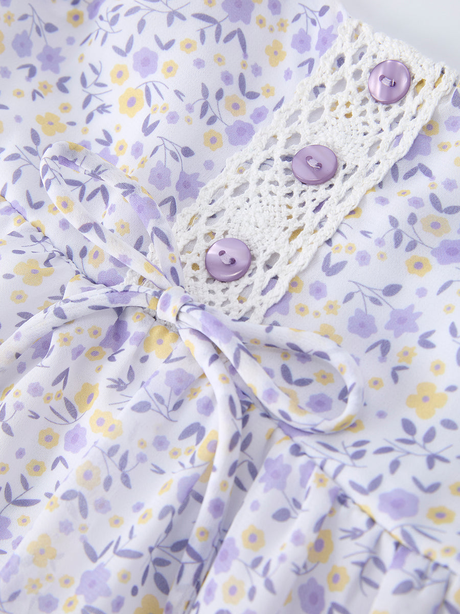 Spring Floral Girls Ruffle Bow Spaghetti Strap Dress