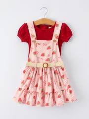 Girls Spring Short-sleeved top + Strawberry Print Overall Dress Set